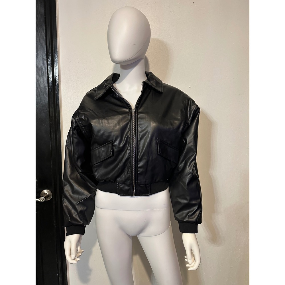 Black Faux Leather Bomber Jacket Cropped‎ Zip Up Faux Leather Moto Coat Womens
